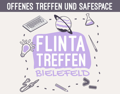 Grafik mit Schriftzug: Offenes Treffen und Safespace, FLINTA Treffen Bielefeld. Um den Schriftzug sind einzelne Symbole wie ein Planet, Nadel, Loetkolben, Gluehbirne und Tastatur.