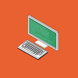 A desktop pc with writing on the monitor on an orange background.